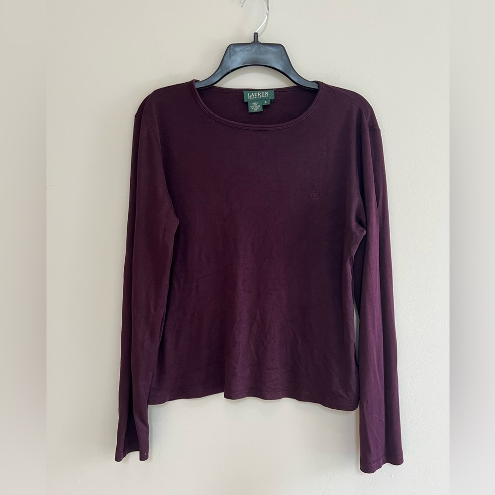 Lauren Ralph Lauren Silk and Wool Blend Purple Pullover Long Sleeve Shirt, L